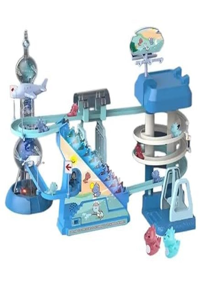 Samtop Dinosaur-Themed Car Race Track Set with Ramp Climbing Hills, Colorful Vehicle Construction Playset with Lights and Music for Preschool Kids Aged 3 and Up - Image 1